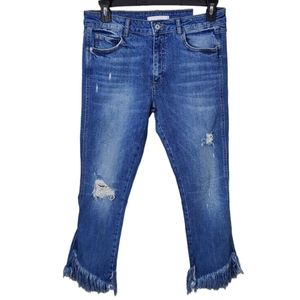New ZARA Trafaluc Frayed Distressed Ankle Crop Flare Denim Jeans Sz 10 Stretch